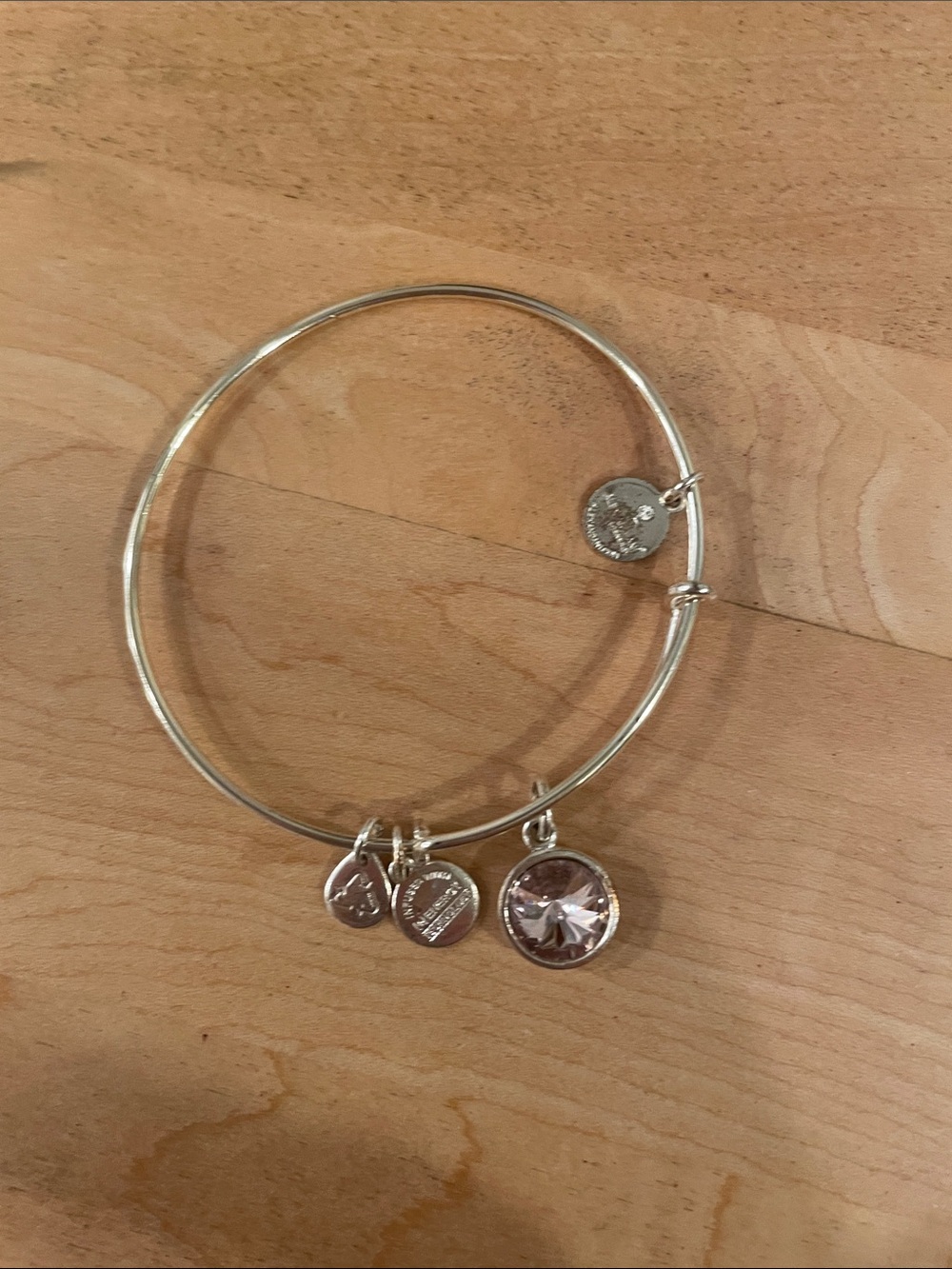 Alex and Ani Silver-Tone Bangle with Light Pink Crystal Charm